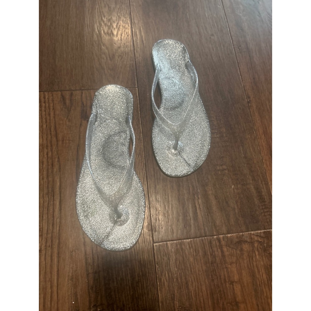 Old Navy Silver Glitter Jelly Flip Flops Y2K Sparkle Thong Sandals Womens